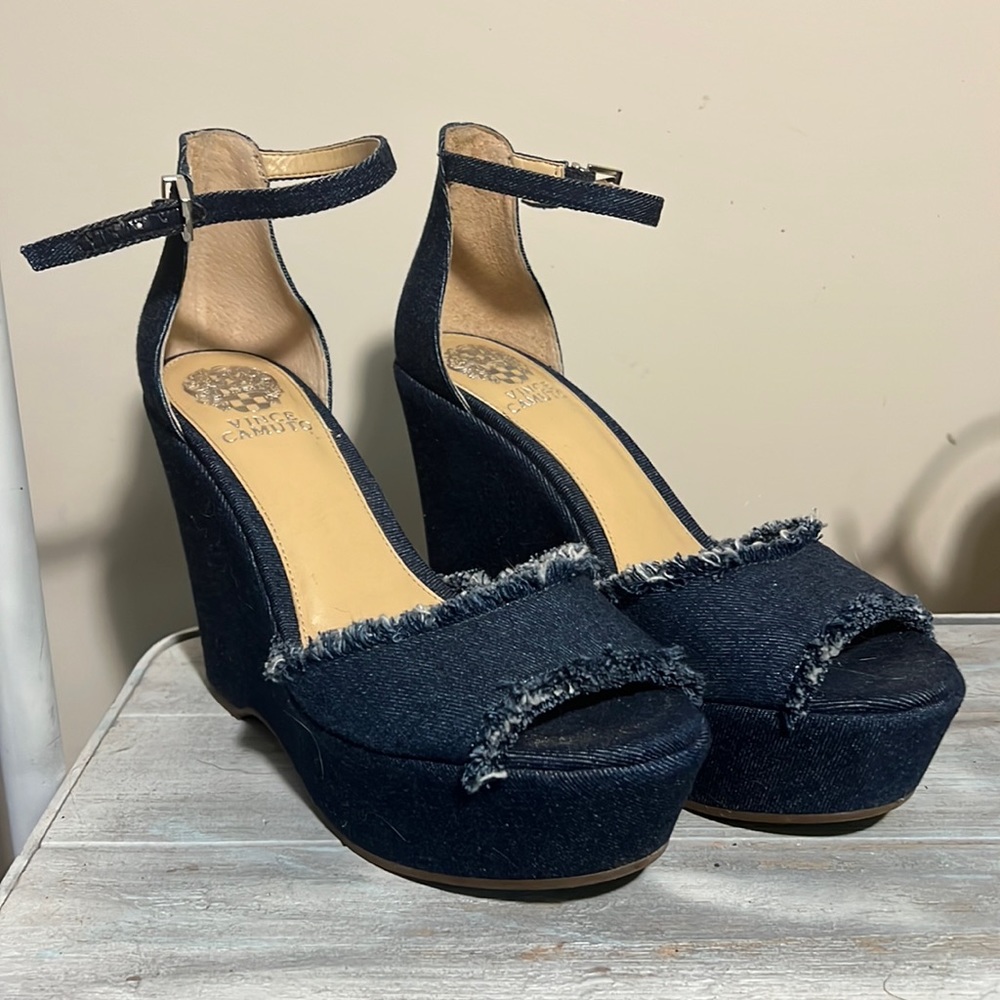 Vince Camuto Denim Fringed Wedges
